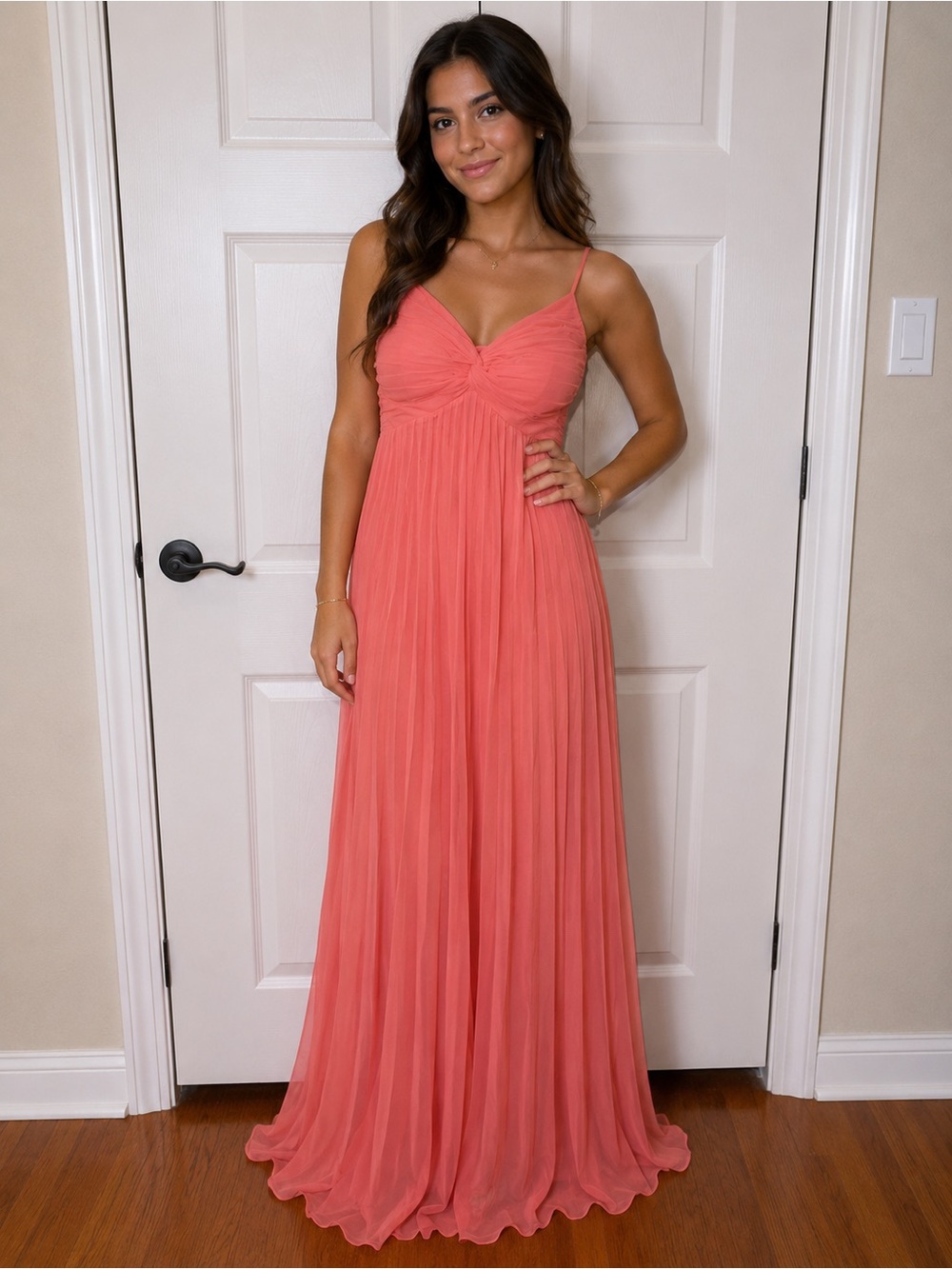 Coral Pink Pleated Spaghetti Strap Maxi Dress